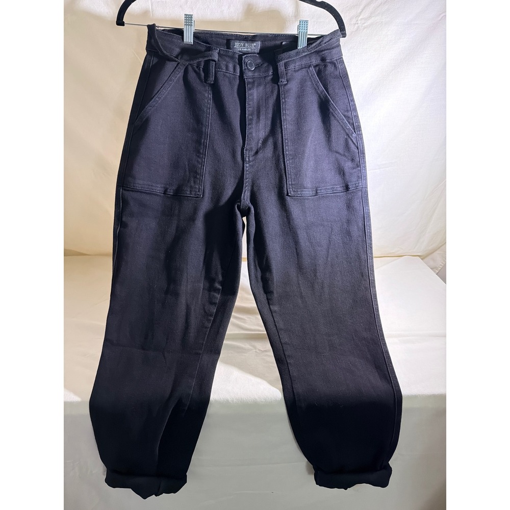 Judy Blue Black Denim Joggers Utility Patch Pocket Stretch Pants Womens 7/28